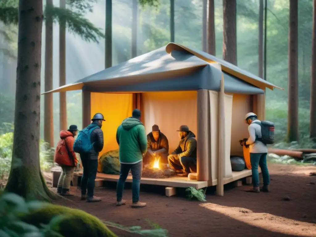 Un grupo diverso construye un refugio en el bosque, resaltando la importancia de la colaboración y la supervivencia en la sociedad moderna