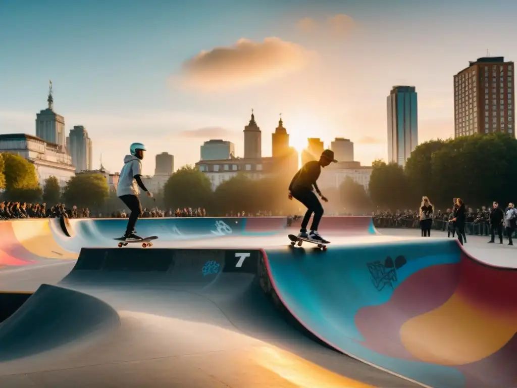 Skatepark multicultural al atardecer en ciudad europea Un grupo diverso de skaters se reúne en un skatepark al atardecer en una ciudad europea, entre grafitis coloridos