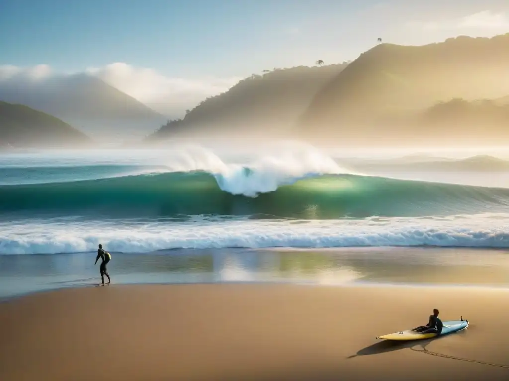 Un grupo diverso de surfistas en la playa al amanecer, listos para surfear