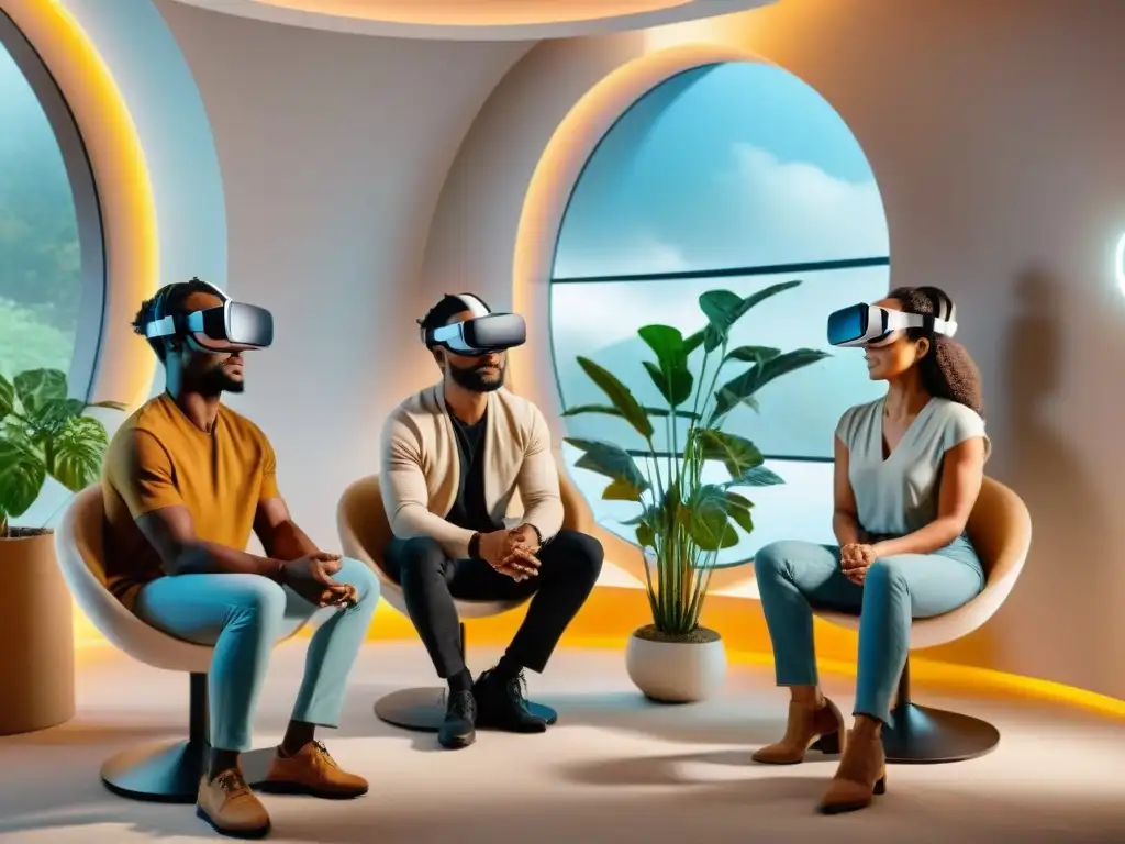 Grupo diverso en terapia de pareja con realidad virtual, interactuando en sala moderna y acogedora