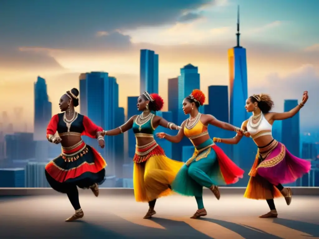 Grupo diverso bailando tribalmente en ciudad moderna