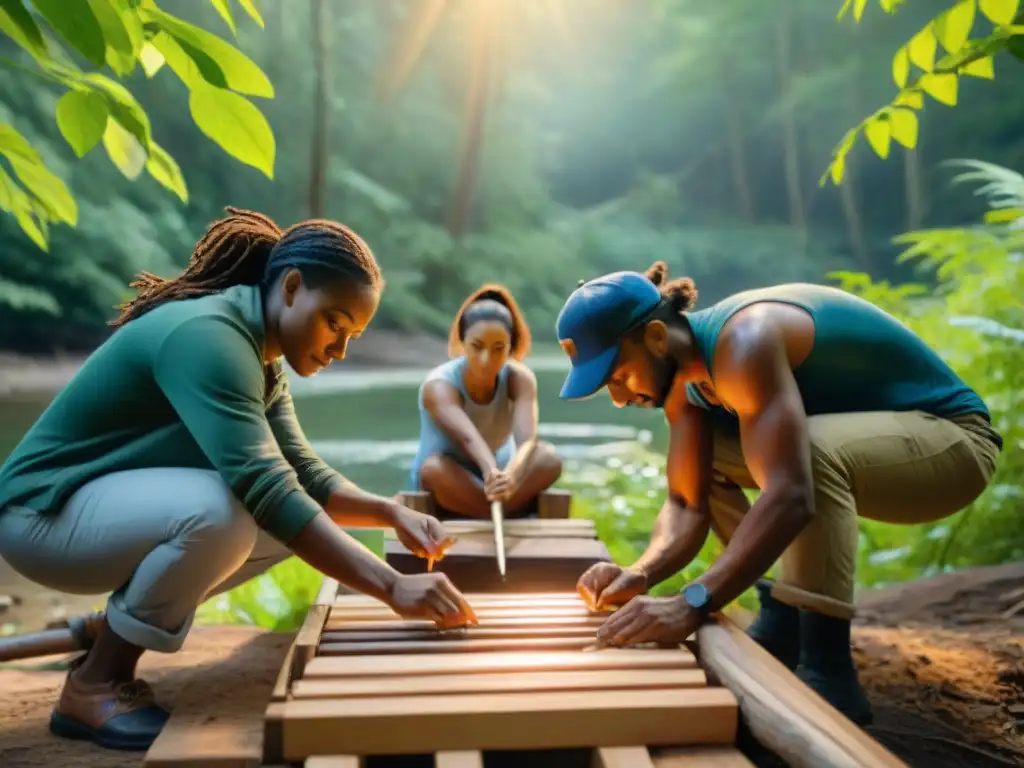 Un grupo diverso trabaja unidos para construir un refugio en el bosque