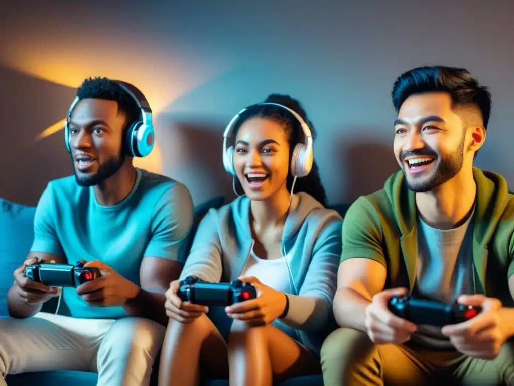 Grupo diverso disfruta videojuegos narrativos en hogar acogedor