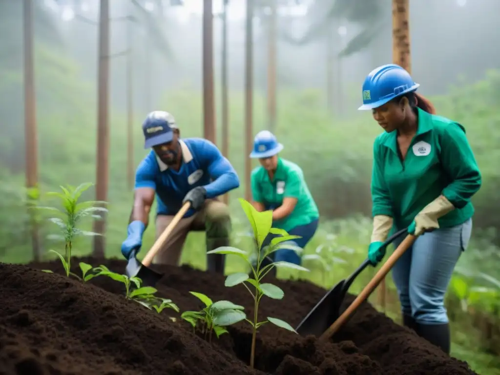 Un grupo diverso de voluntarios planta árboles en un proyecto de reforestación, mostrando el impacto de pasatiempos en cultura