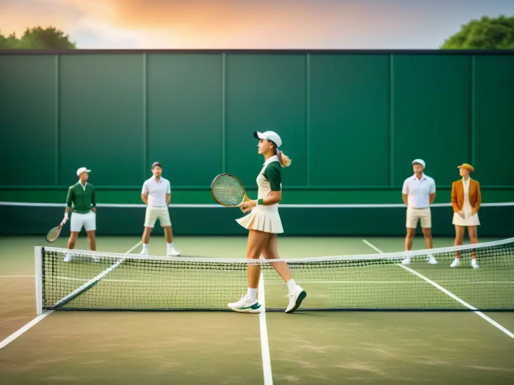 Un grupo elegante en atuendos vintage de tenis de los años 20, jugando en una cancha verde rodeados de espectadores con vestimenta de la época