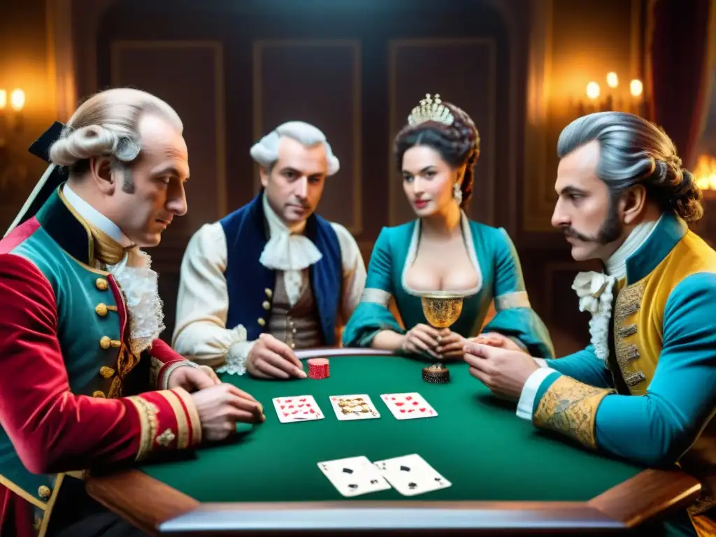 Grupo elegante juega Whist en salón del siglo XVIII, reflejando historia evolución juegos culturas mundo