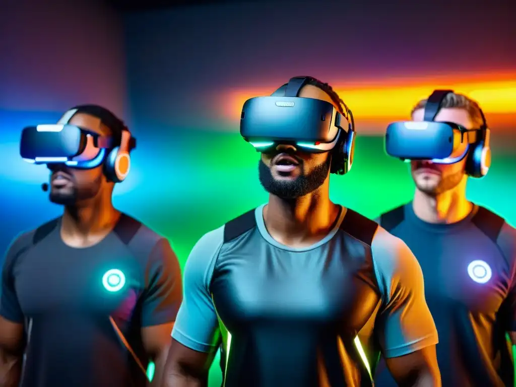 Experiencia de juego virtual inmersiva con tecnología de vanguardia Grupo emocionado disfruta de juegos de realidad virtual con sensores de movimiento en un centro futurista