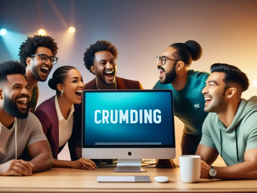 Grupo emocionado monitorea exitosa campaña crowdfunding de juego, demostrando poder de comunidad