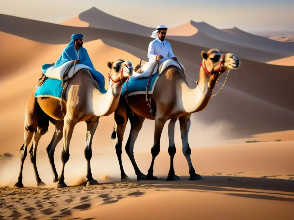 Grupo de entrenadores en atuendo tradicional, preparando camellos para carreras al amanecer en el desierto