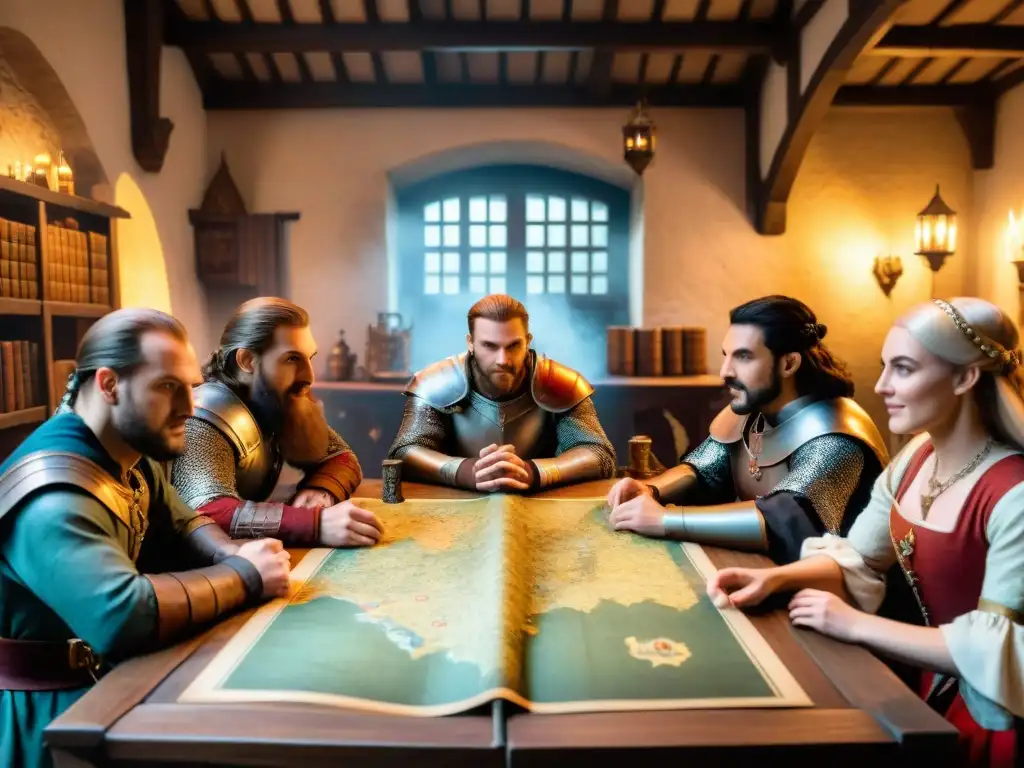 Grupo de entusiastas de juegos de rol inspirados romance medieval inmersos en emocionante partida