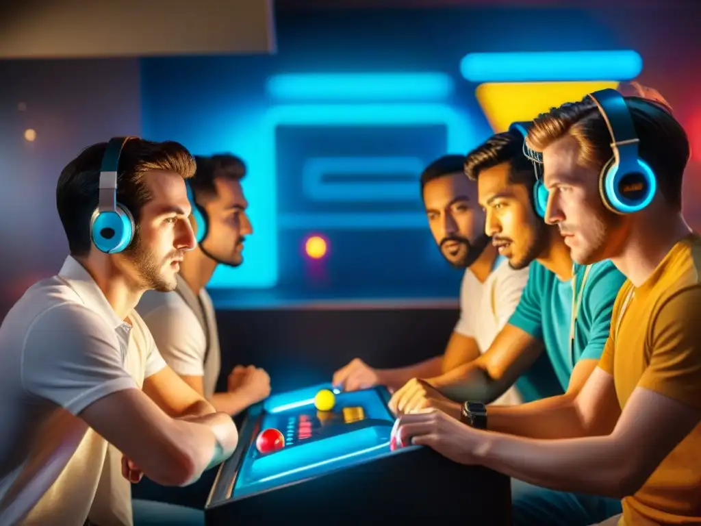 Un grupo de entusiastas jugadores compiten en un emocionante juego de PacMan en una máquina arcade vintage