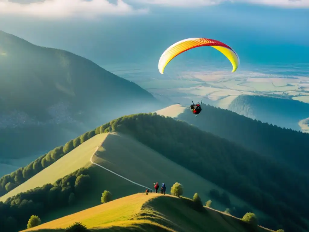 Grupo de entusiastas del parapente en los 80 en la cima de una montaña con parapentes coloridos