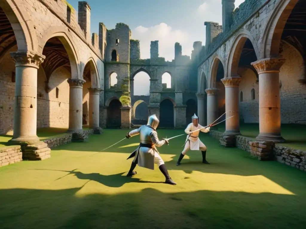 Grupo de esgrimistas modernos practicando en ruinas de castillo, en contraste histórico