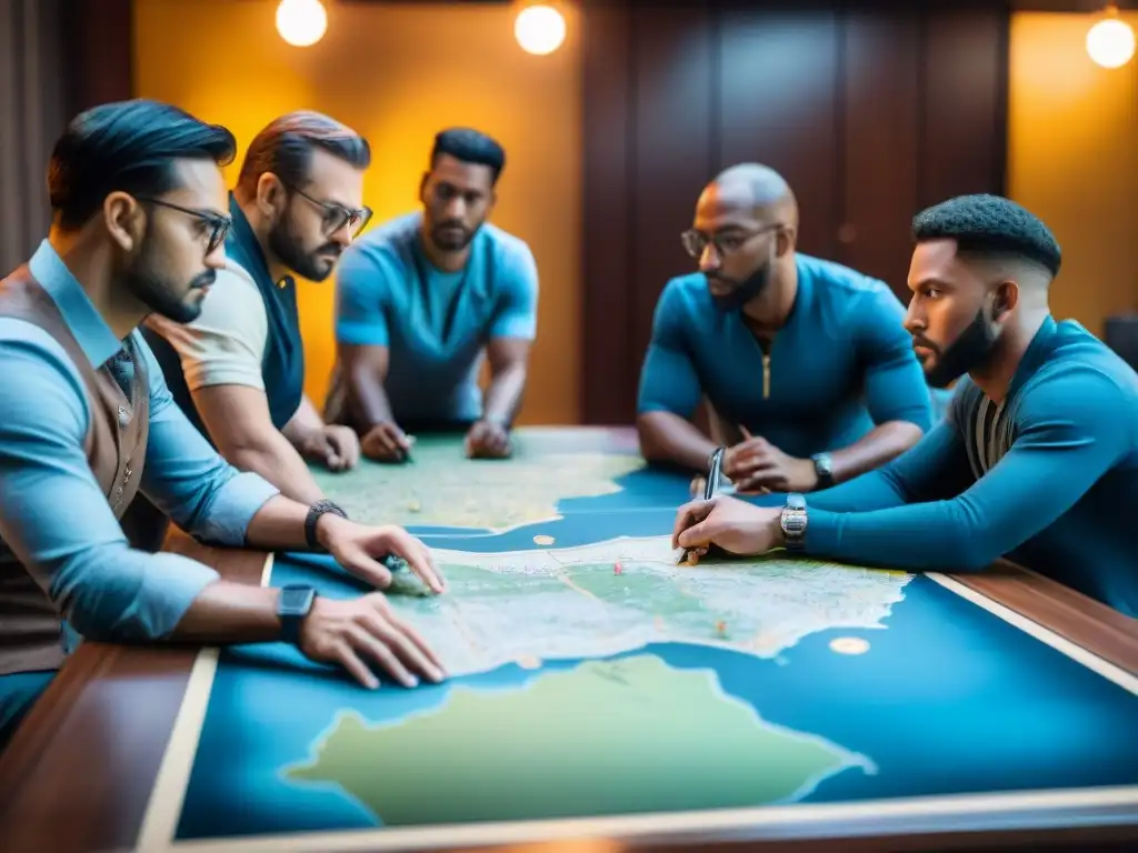 Grupo de estrategas debatiendo tácticas en mesa con mapas y maquetas de imperios en ambiente tenso