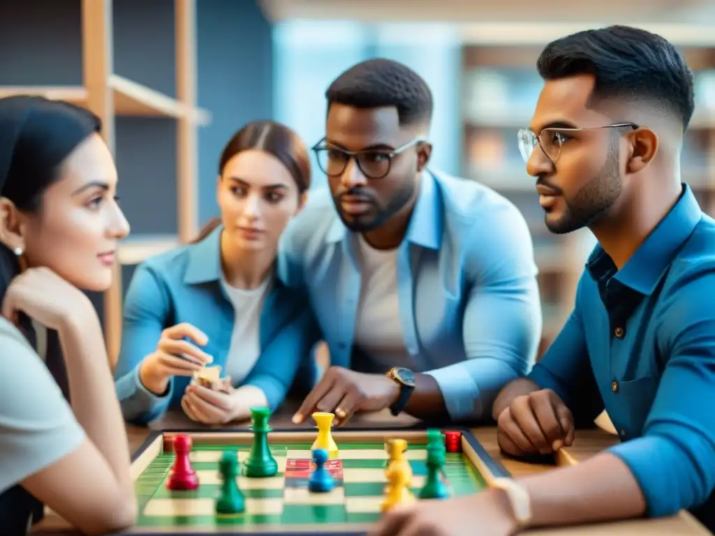 Grupo de estudiantes concentrados en juego estratégico en aula educativa, fomentando pensamiento lógico en juegos de estrategia