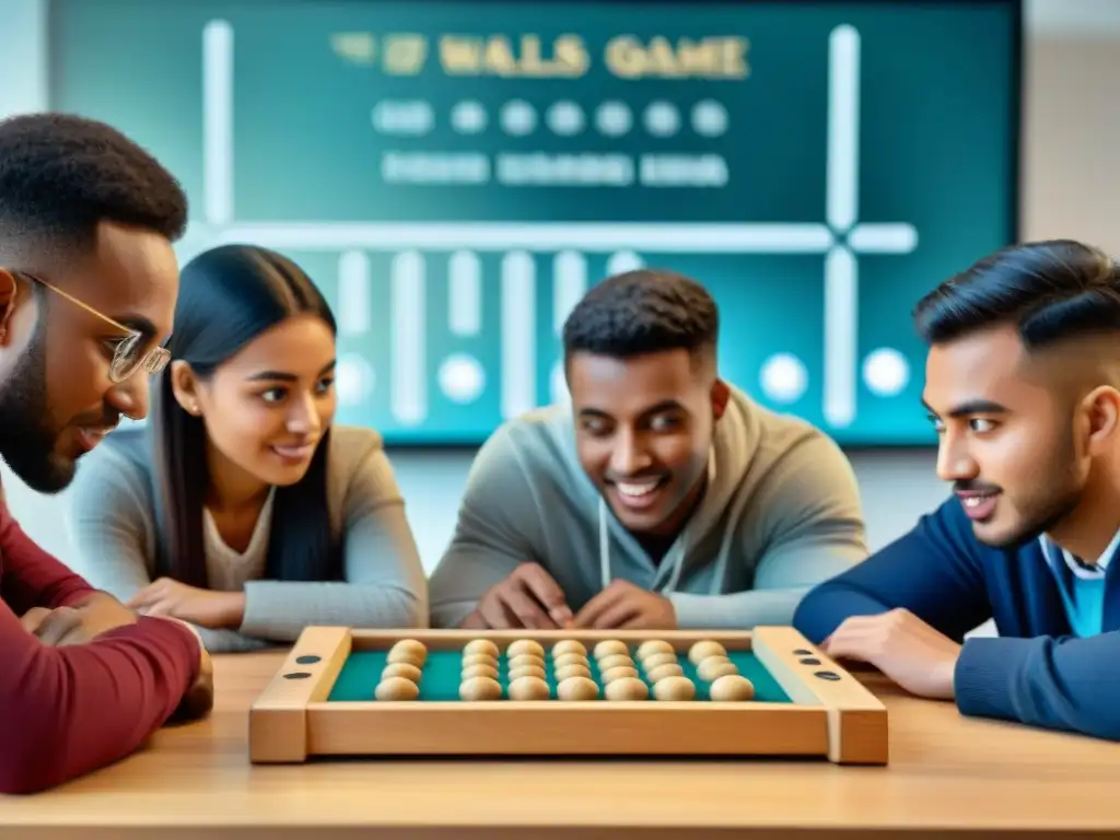 Un grupo de estudiantes juega emocionado un juego antiguo en plataformas educativas en un aula moderna y luminosa