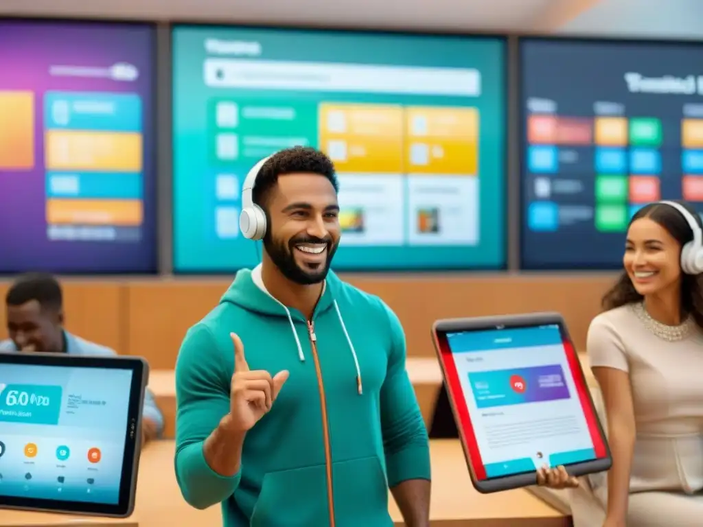 Grupo de estudiantes entusiastas usando juegos educativos para aprender idiomas en tabletas en aula moderna con posters coloridos