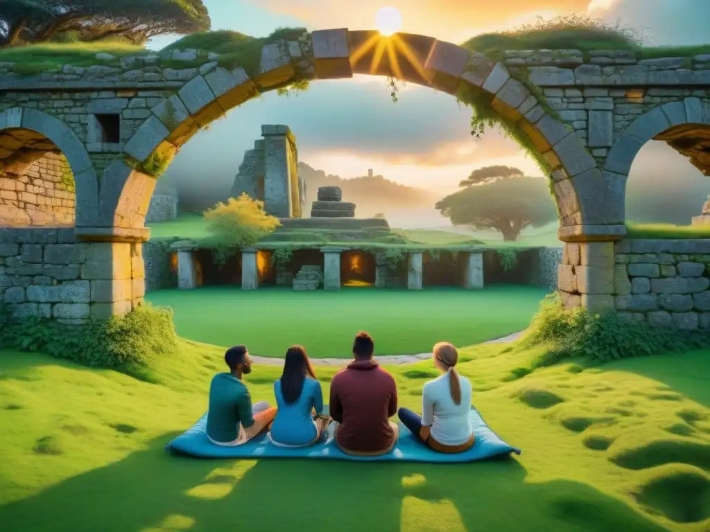 Grupo de estudiantes jugando juegos antiguos en plataformas educativas en ruinas cubiertas de musgo al atardecer