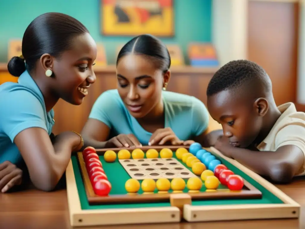 Grupo de estudiantes disfrutando de juegos de mesa africanos educativos en un aula multicultural