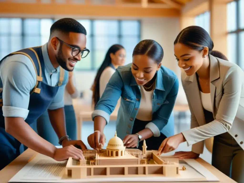 Un grupo de jóvenes estudiantes trabajando juntos en un proyecto de construcción histórico, rodeados de planos, libros y materiales de construcción