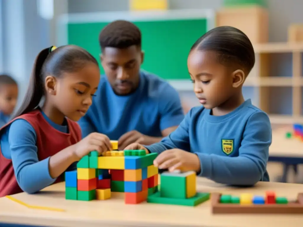 Un grupo de jóvenes estudiantes colaborando en un proyecto de construcción, destacando los beneficios educativos de los juegos de construcción