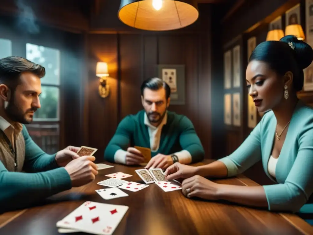 Grupo jugando Euchre en ambiente acogedor y nostálgico, capturando la historia del juego de Euchre