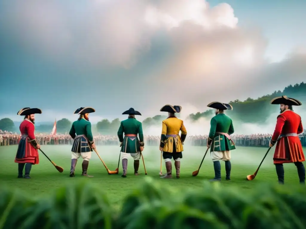 Grupo de figuras históricas en trajes del siglo XVII jugando Kolven en un campo verde, rodeados de espectadores