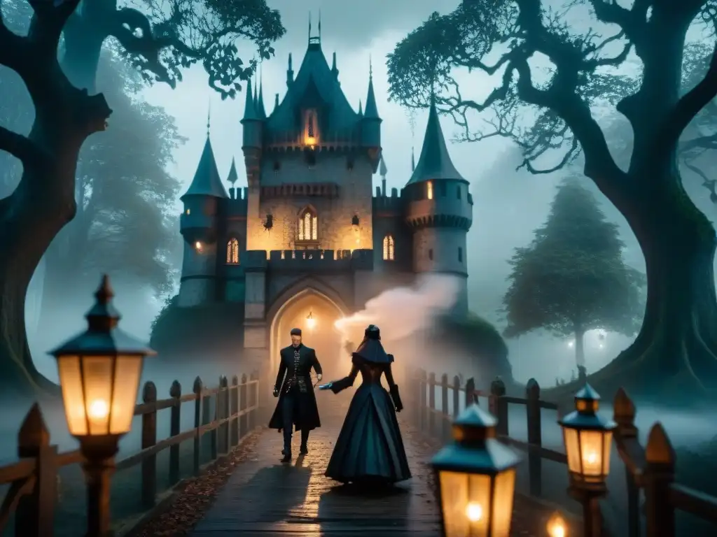 Un grupo de figuras misteriosas en un juego de cartas, rodeadas de un castillo gótico en la niebla