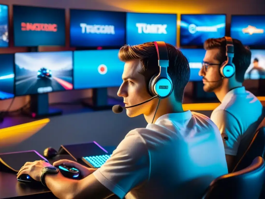 Intenso speedrunning: gamers en acción Grupo de gamers concentrados en competencias de speedrun, rodeados de consolas y pantallas