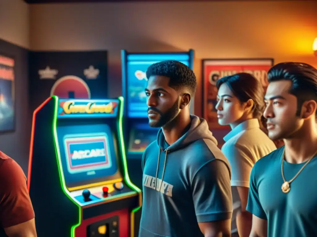 Intensa concentración en máquina arcade vintage: pasión por el speedrunning Grupo de gamers concentrados en una máquina arcade vintage, rodeados de posters clásicos de videojuegos