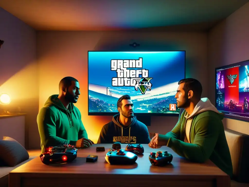 Grupo de gamers descubriendo un Easter egg en GTA V, inmersos en la cultura gaming