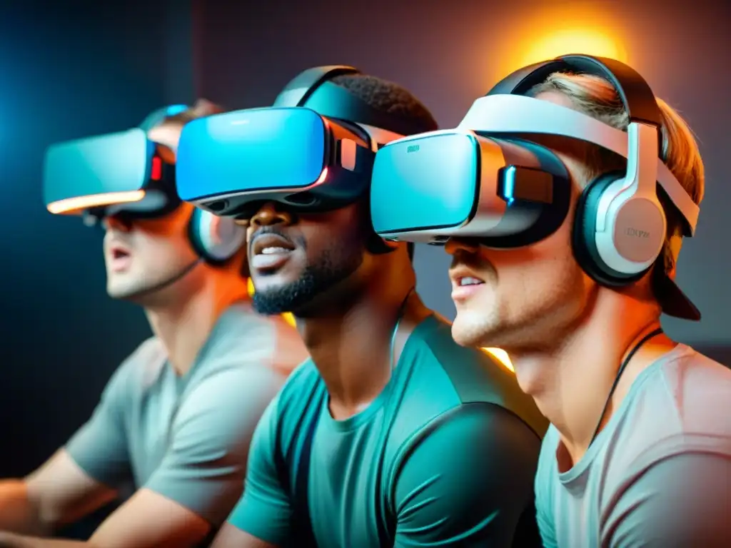 Grupo de gamers inmersos en la experiencia de realidad virtual en videojuegos, concentrados y emocionados en un ambiente futurista