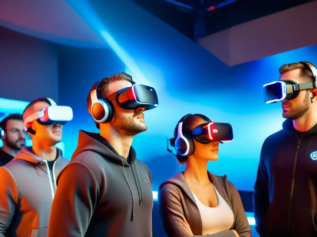 Grupo de gamers inmersos en juego de realidad virtual con wearables de última generación