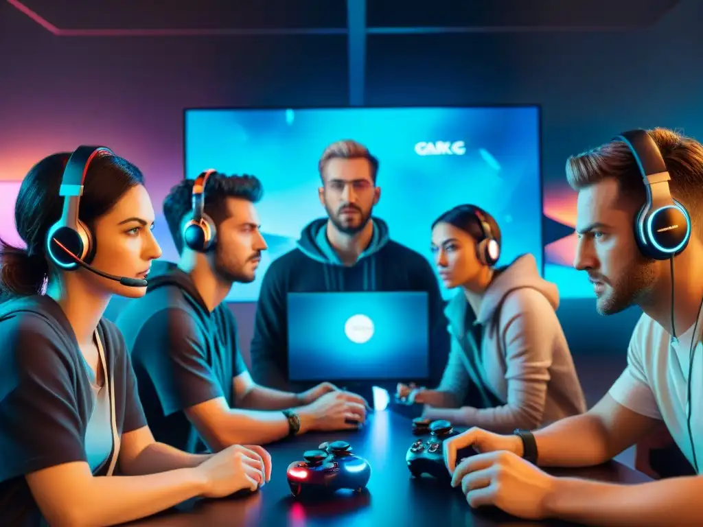 Grupo de gamers inmersos en juego intenso, rodeados de tecnología futurista