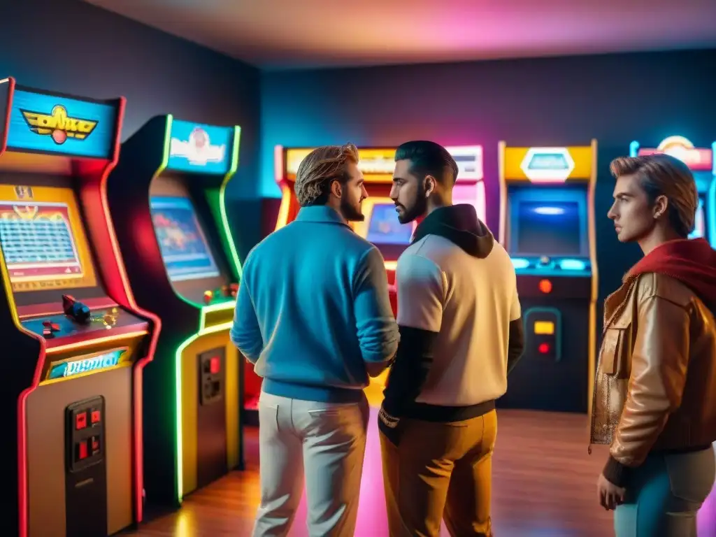 Grupo de gamers intensos en un arcade retro, con vestimenta de los 80