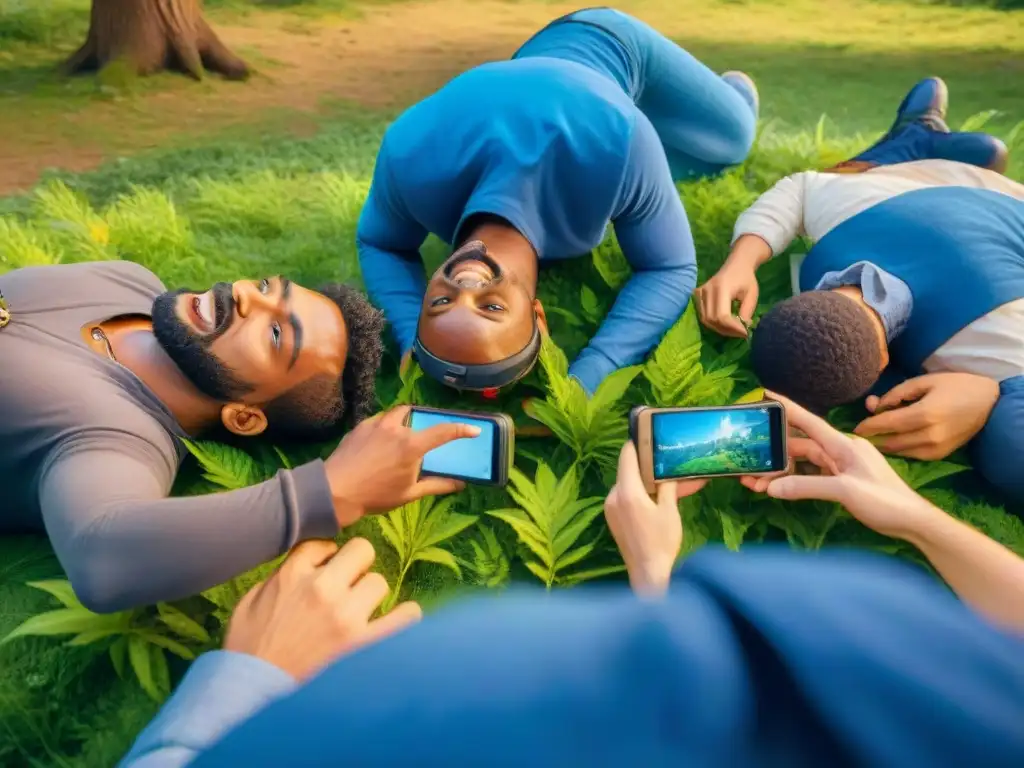 Grupo de gamers disfrutando de los mejores juegos rol móviles en un parque, conectados con la naturaleza y la emoción del juego