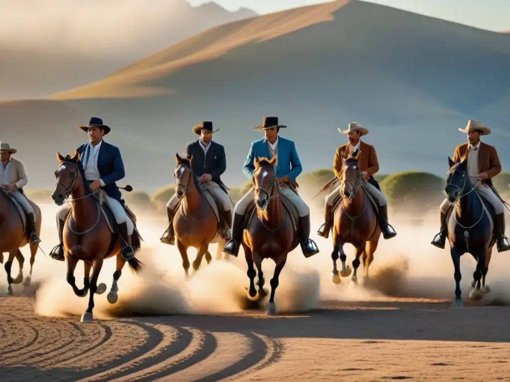 Grupo de gauchos argentinos jugando Pato al atardecer en las llanuras de Argentina, historia del deporte ecuestre en Argentina