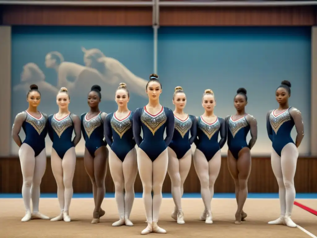 Grupo de gimnastas del siglo XX en poses artísticas, destacando la historia de la ropa y accesorios de la gimnasia artística