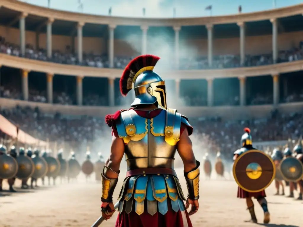 Grupo de gladiadores romanos en formación, listos para el combate en un coliseo, bajo el cálido sol mediterráneo