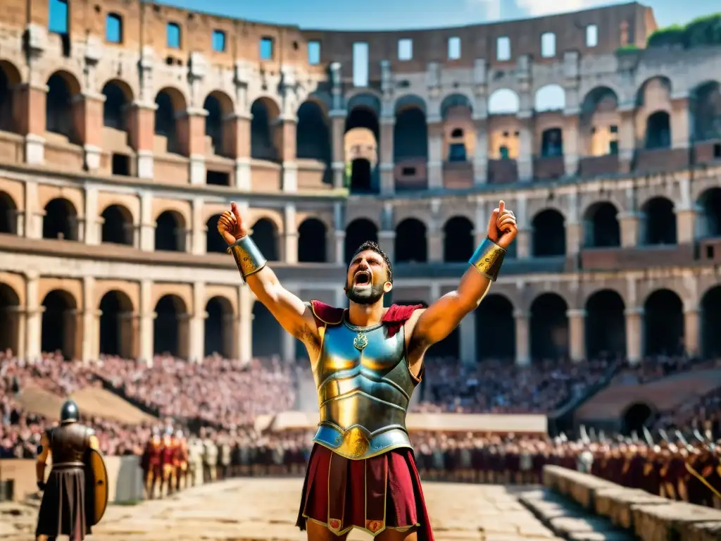 Triunfantes gladiadores romanos en el Coliseo Un grupo de gladiadores romanos victoriosos celebrando en el Coliseo
