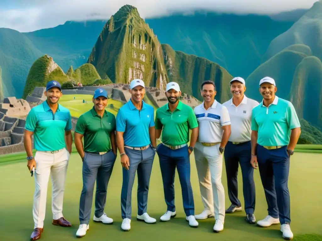 Un grupo de golfistas distinguidos de América Latina conversando en un campo de golf, con Machu Picchu, Cristo Redentor y ruinas mayas al fondo