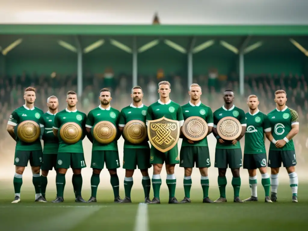 Grupo de guerreros celtas en campo verde con campo de fútbol superpuesto