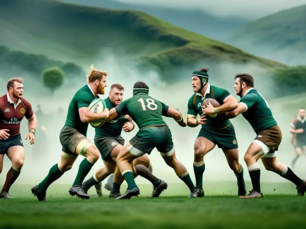 Grupo de guerreros celtas jugando rugby en un campo verde, rodeados de montañas