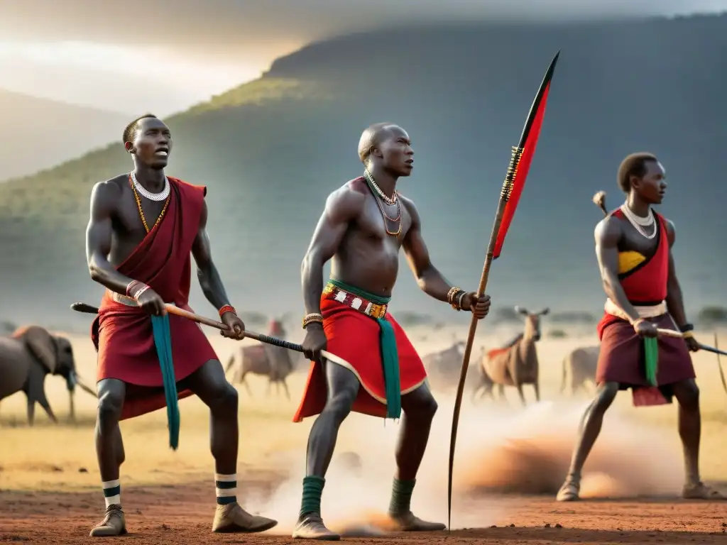 Grupo de guerreros Masái juegan lanzamiento de lanzas en la sabana africana