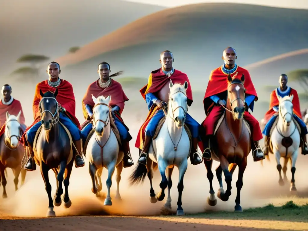 Un grupo de guerreros Maasai en atuendo tradicional compiten en deportes ecuestres en la sabana africana al atardecer, reviviendo tradiciones