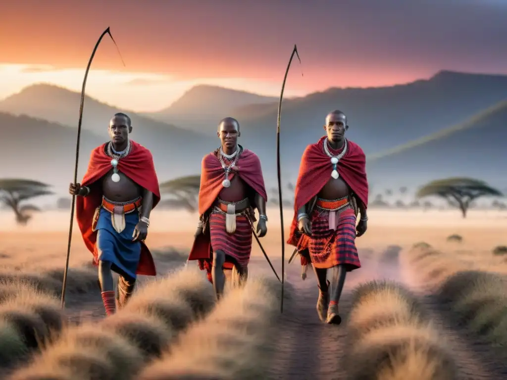 Grupo de guerreros Maasai en caza al amanecer en la sabana africana