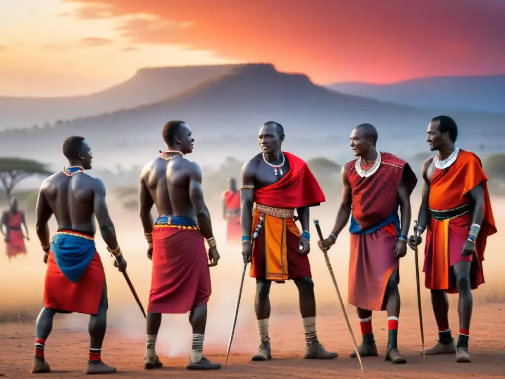 Grupo de guerreros Maasai en juego de palos al atardecer en la sabana, con colores vibrantes y tradición africana