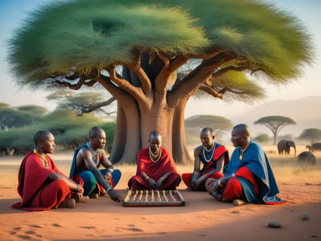 Un grupo de guerreros Maasai juega mancala bajo un baobab en la sabana africana