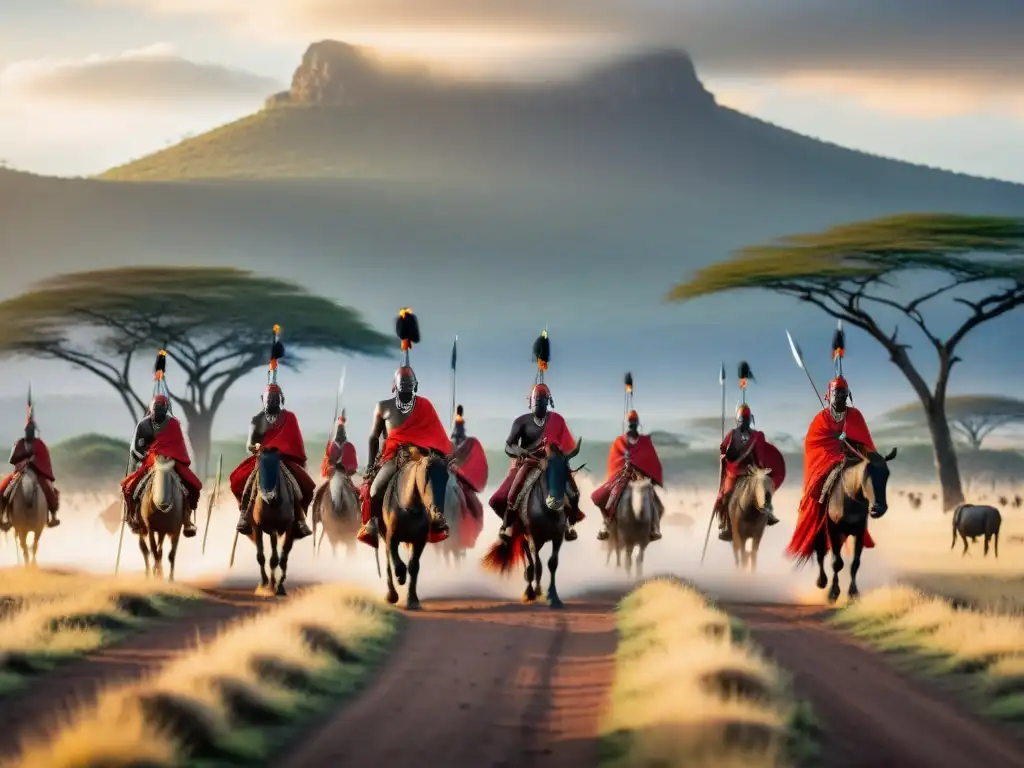 Grupo de guerreros Maasai rastreando ñus en la vasta llanura del Serengeti al atardecer