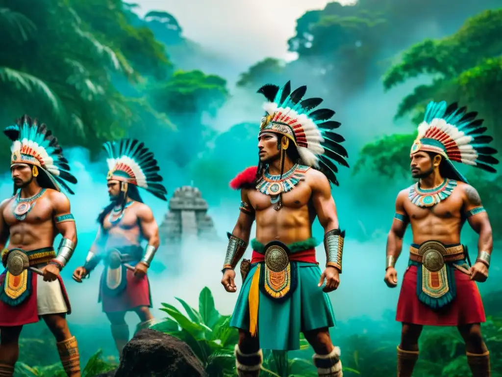 Grupo de guerreros Mayas en batalla estratégica, con vestimenta colorida y plumajes, en escenario de jungla y arquitectura antigua